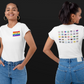 White t-shirt featuring a selected gender identity flag on the front left upper chest which can vary from a transgender flag to a non-binary flag, for example. On the back of the shirt, all gender identity flags are featured, including transgender, non-binary, genderqueer, genderfluid, and more. Each flag is accompanied by its corresponding title.