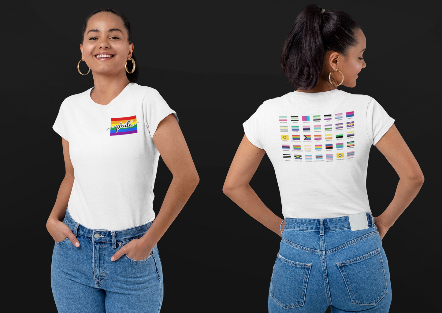 White t-shirt featuring a selected gender identity flag on the front left upper chest which can vary from a transgender flag to a non-binary flag, for example. On the back of the shirt, all gender identity flags are featured, including transgender, non-binary, genderqueer, genderfluid, and more. Each flag is accompanied by its corresponding title.