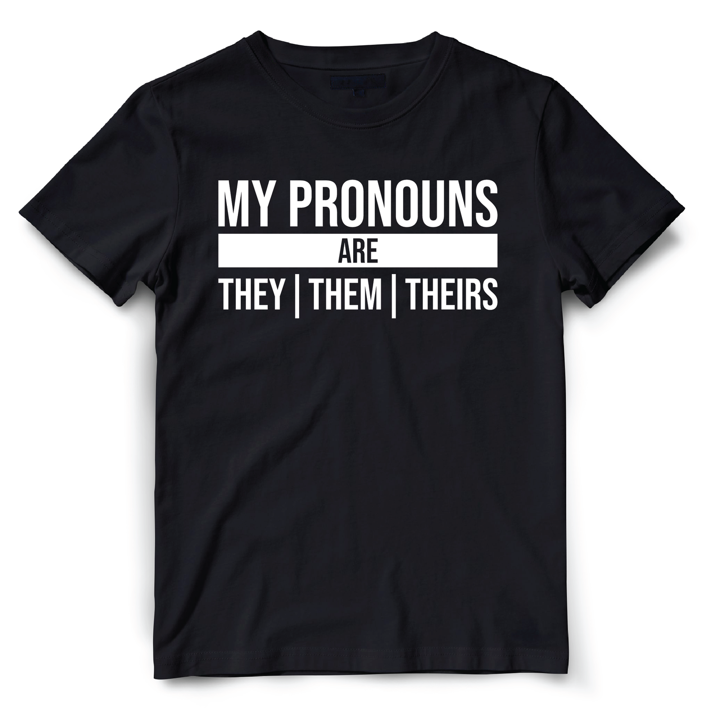 This black t-shirt is a simple yet powerful expression of gender inclusivity. The front of the shirt features white typography that reads "My Pronouns Are" followed by the wearers chosen pronouns.